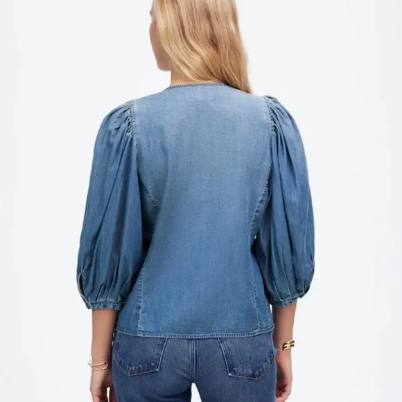 NWT Madewell Denim Puff-Sleeve Button-Up Top in Kennebec Wash - Picture 4 of 11